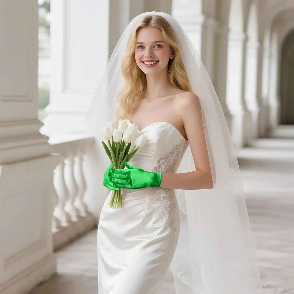 Women's Formal Short Green Satin Gloves Bridal Wedding Banquet Party Costume
